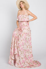 Pink Floral Strapless Ruffle Front Maxi Dress