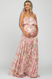 Pink Floral Strapless Ruffle Front Maternity Maxi Dress