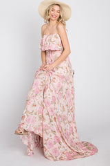 Pink Floral Strapless Ruffle Front Maternity Maxi Dress