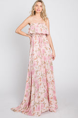 Pink Floral Strapless Ruffle Front Maxi Dress