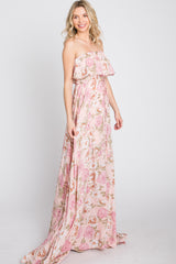 Pink Floral Strapless Ruffle Front Maxi Dress