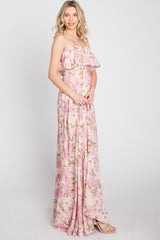 Pink Floral Strapless Ruffle Front Maxi Dress