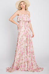 Pink Floral Strapless Ruffle Front Maxi Dress