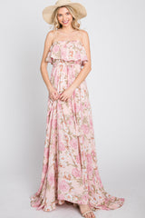 Pink Floral Strapless Ruffle Front Maxi Dress