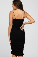 Black Ruched Fitted Maternity Dress