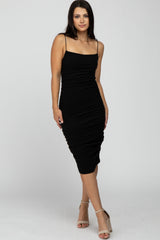 Black Ruched Fitted Maternity Dress