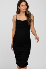 Black Ruched Fitted Maternity Dress