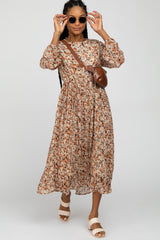 Brown Floral Pleated Skirt Maternity Midi Dress