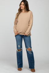 Navy Blue Distressed Ripped Knee Straight Maternity Jeans