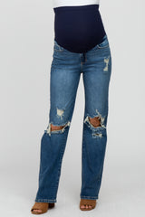 Navy Blue Distressed Ripped Knee Straight Maternity Jeans