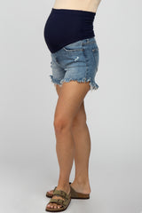 Blue Distressed Fringe Hem Maternity Jean Shorts