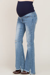 Blue Fringe Hem Maternity Flare Jeans