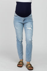 Light Blue Distressed Raw Hem Maternity Skinny Jeans