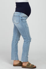 Light Blue Distressed Raw Hem Maternity Skinny Jeans