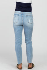 Light Blue Distressed Raw Hem Maternity Skinny Jeans