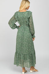 Green Ditsy Floral Ruffle Accent Maxi Dress