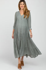 Light Olive Button Front Tiered Maternity Maxi Dress