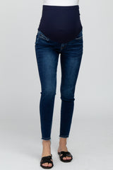 Navy Blue Frayed Hem Skinny Maternity Jeans