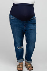 Navy Blue Ripped Knee Rolled Hem Maternity Plus Jeans