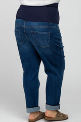 Navy Blue Ripped Knee Rolled Hem Maternity Plus Jeans