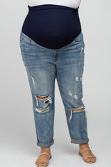 Blue Distressed Cuffed Crop Maternity Plus Jeans