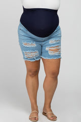 Light Blue Distressed Frayed Hem Maternity Plus Shorts