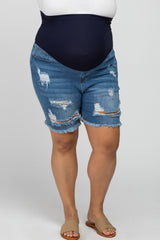 Blue Distressed Fringe Hem Maternity Plus Shorts