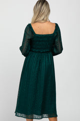 Forest Green Long Sleeve Smocked Bodice Maternity Midi Dress