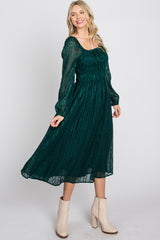 Forest Green Long Sleeve Smocked Bodice  Midi Dress