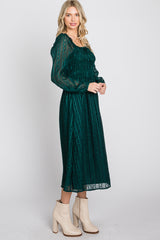 Forest Green Long Sleeve Smocked Bodice  Midi Dress