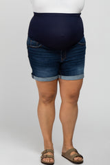 Navy Blue Cuffed Hem Maternity Plus Denim Shorts