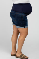 Navy Blue Cuffed Hem Maternity Plus Denim Shorts