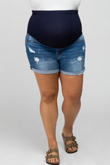 Blue Distressed Cuffed Hem Maternity Plus Denim Shorts