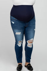 Navy Blue Distressed Cropped Maternity Plus Jeans