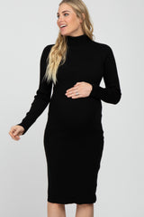 Black Ribbed Turtleneck Button Accent Maternity Midi Dress