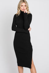 Black Ribbed Turtleneck Button Accent Maternity Midi Dress