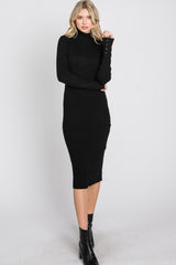 Black Ribbed Turtleneck Button Accent Midi Dress