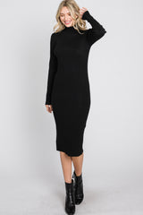 Black Ribbed Turtleneck Button Accent Midi Dress