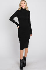 Black Ribbed Turtleneck Button Accent Midi Dress