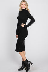 Black Ribbed Turtleneck Button Accent Midi Dress