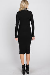 Black Ribbed Turtleneck Button Accent Midi Dress