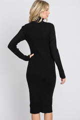 Black Ribbed Turtleneck Button Accent Midi Dress