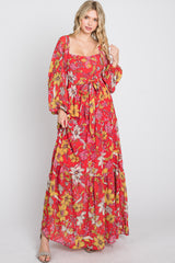 Red Floral Chiffon Square Neck Flowy Maxi Dress