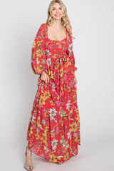 Red Floral Chiffon Square Neck Flowy Maxi Dress