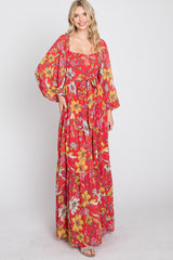 Red Floral Chiffon Square Neck Flowy Maxi Dress