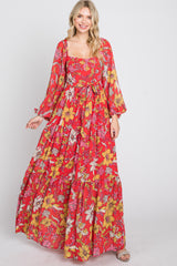 Red Floral Chiffon Square Neck Flowy Maxi Dress