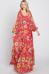 Red Floral Chiffon Square Neck Flowy Maxi Dress