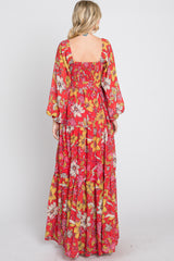 Red Floral Chiffon Square Neck Flowy Maxi Dress