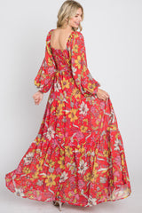 Red Floral Chiffon Square Neck Flowy Maxi Dress