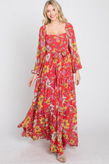 Red Floral Chiffon Square Neck Flowy Maxi Dress